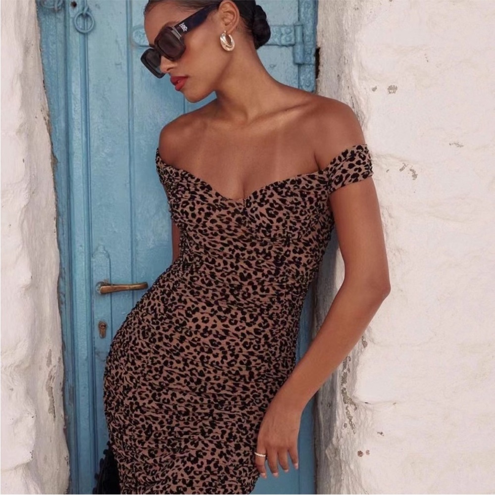 Majorelle Tabitha Midi Dress in Tan Leopard